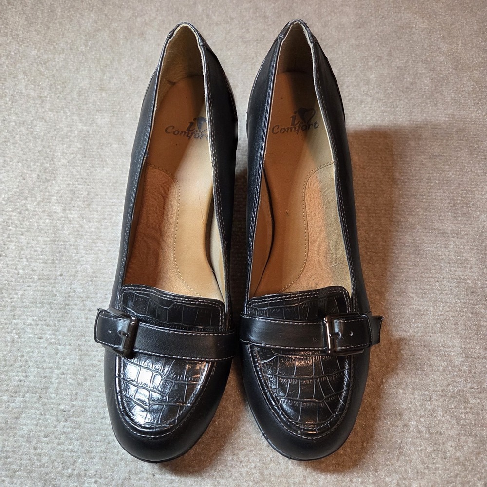 I Love Comfort Womens 9.5M Betty Casual  Black Leather Croc Pattern Heels